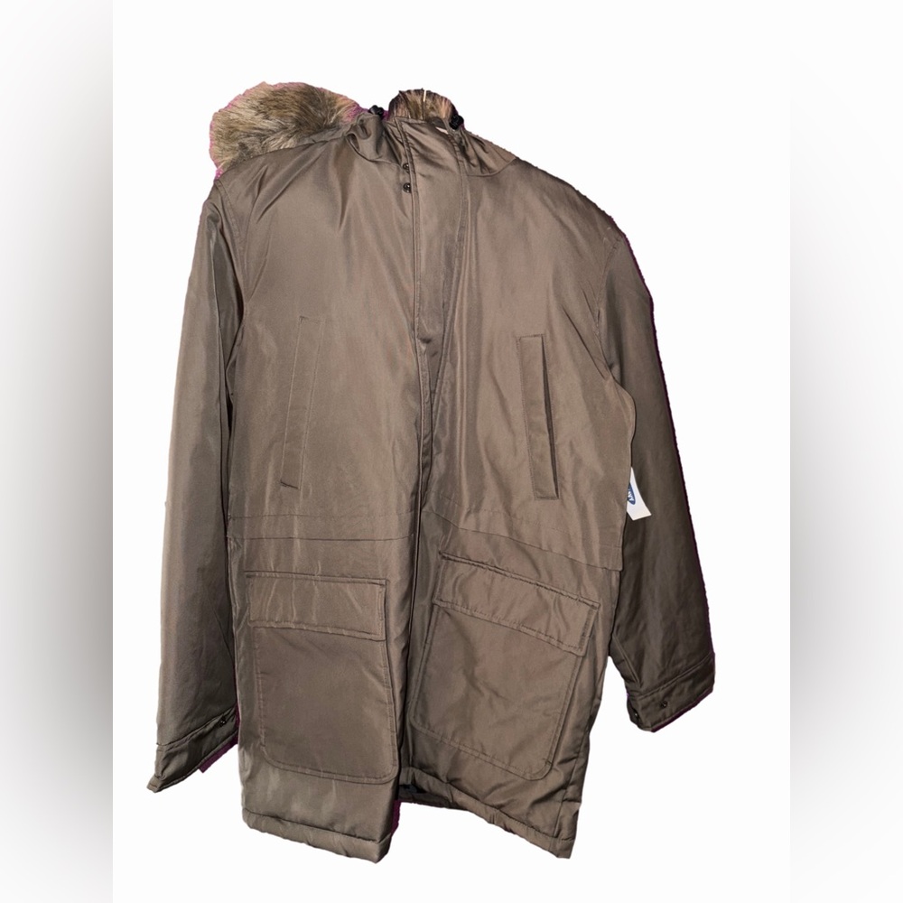Old Navy Men’s Hooded Parka Jacket Faux Fur Trim Utility Coat Olive Taupe NWT